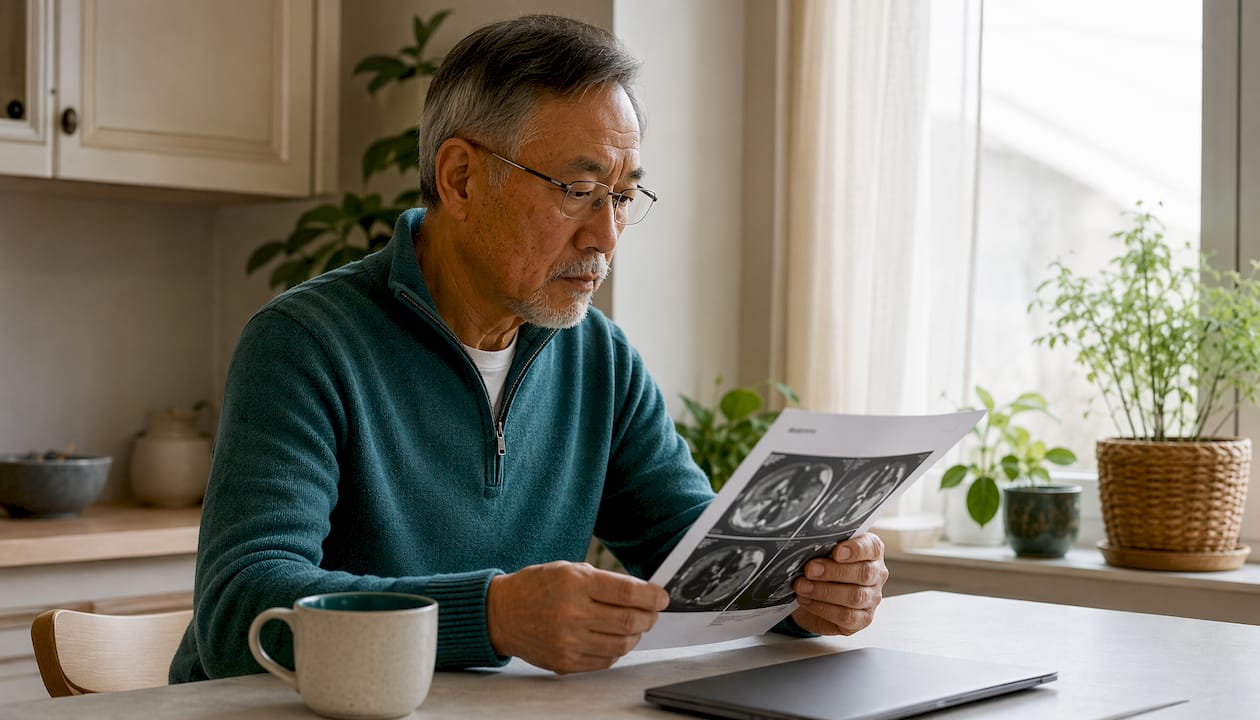 Senior man reviewing radiology report closely