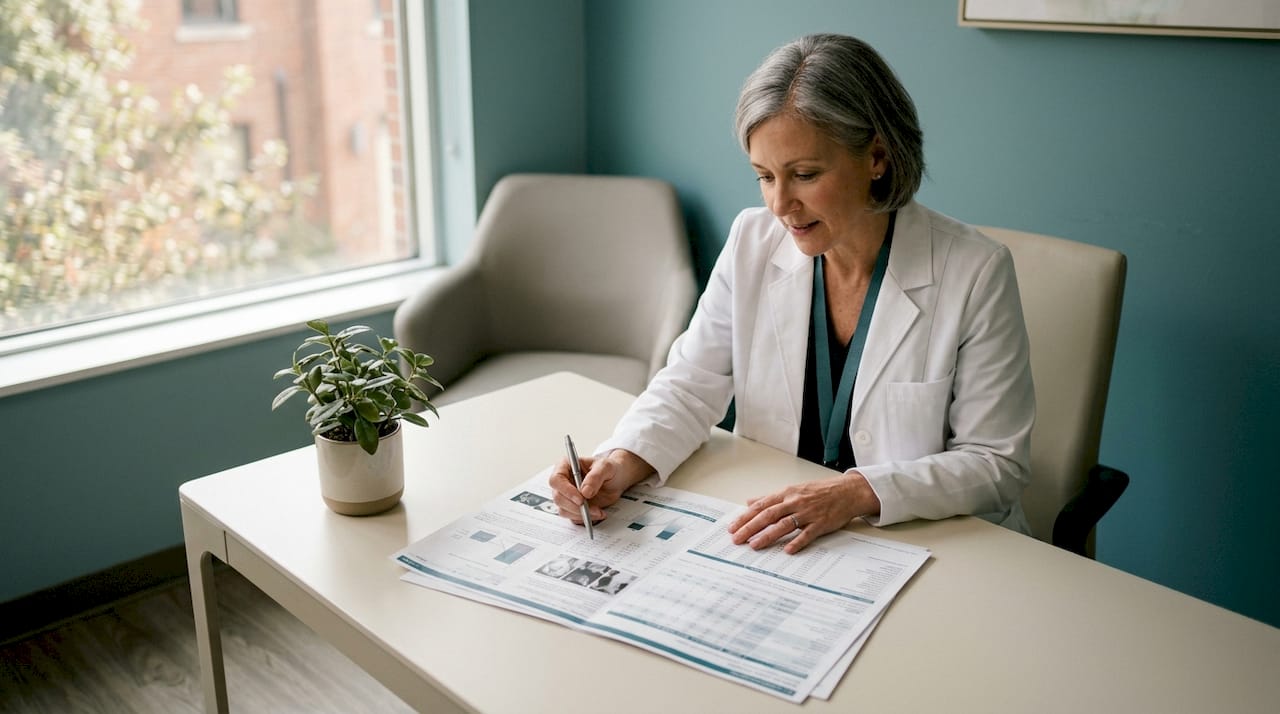 Doctor explaining medical report structure at desk