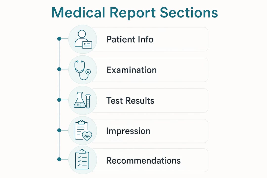 Infographic showing key medical report sections in flow