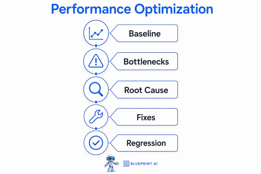 Infographic showing app performance optimization phases top to bottom