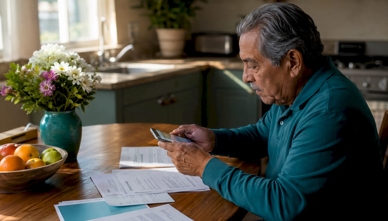 Hands scanning health papers with smartphone on counter