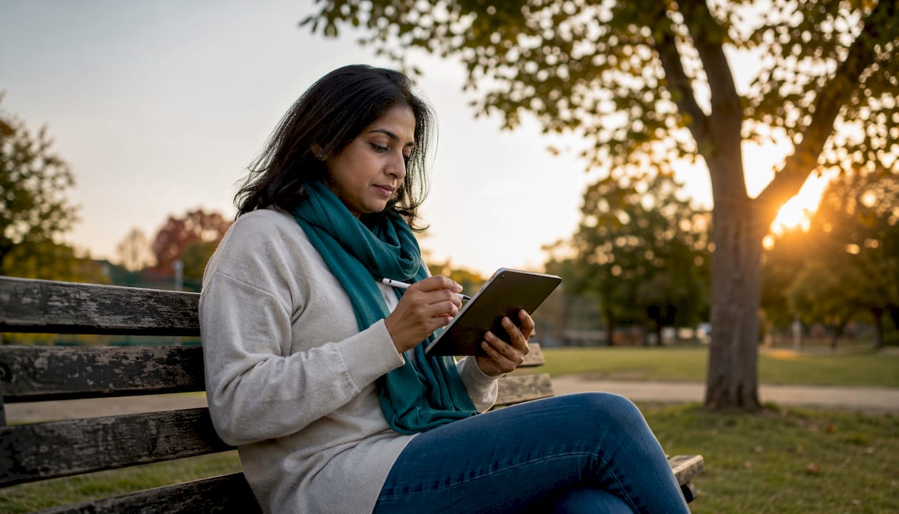Woman reviewing digital health records on tablet outdoors