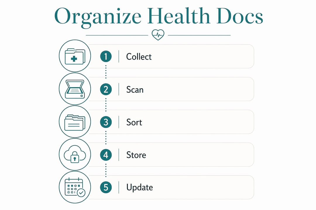 Infographic showing steps to organize health documents