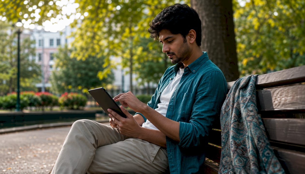 Man adjusting tablet privacy settings on couch