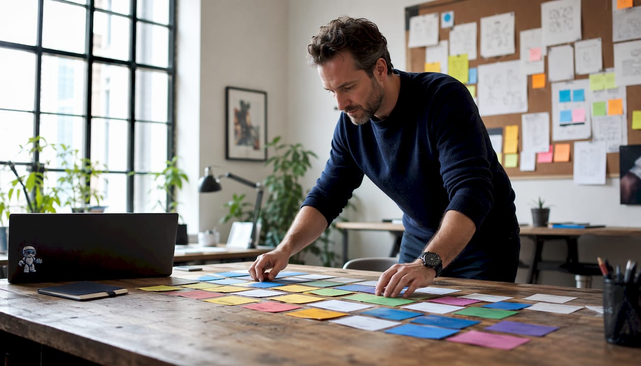Hands arranging service cards for enterprise bus workflow