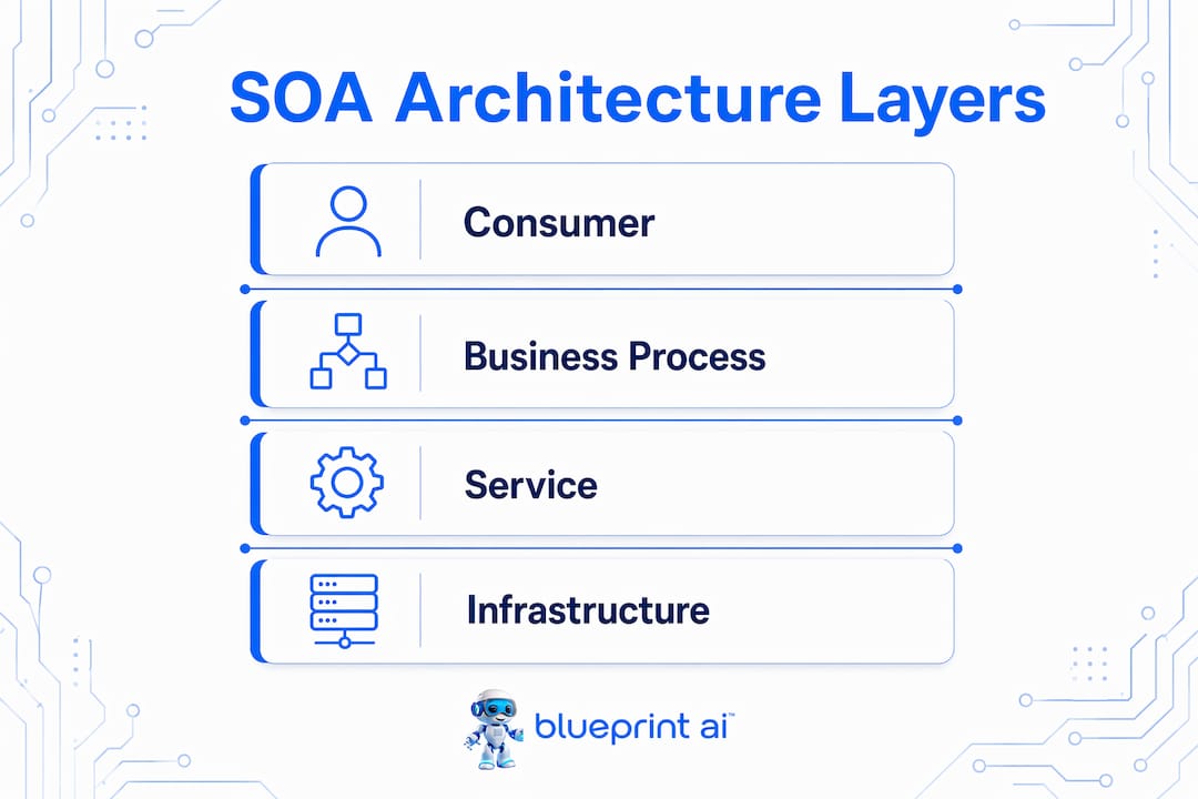 Infographic illustrating SOA layered architecture
