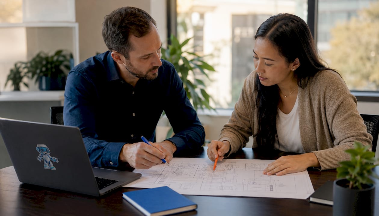 Engineer and product manager reviewing blueprint together