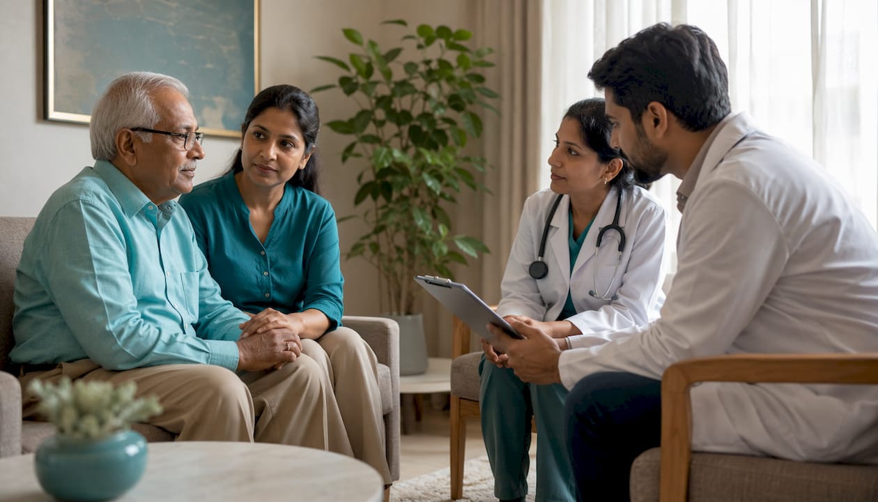 Patient and family meeting doctors in clinic