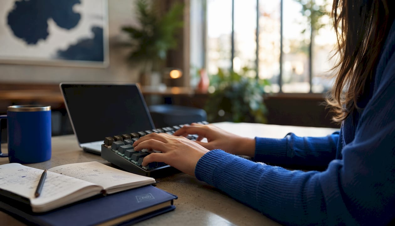 Hands typing in home office with cloud notes
