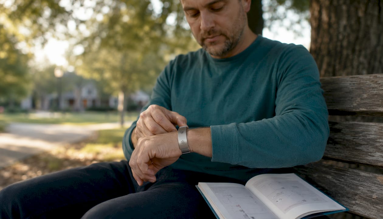 Hands fastening medical ID bracelet outdoors