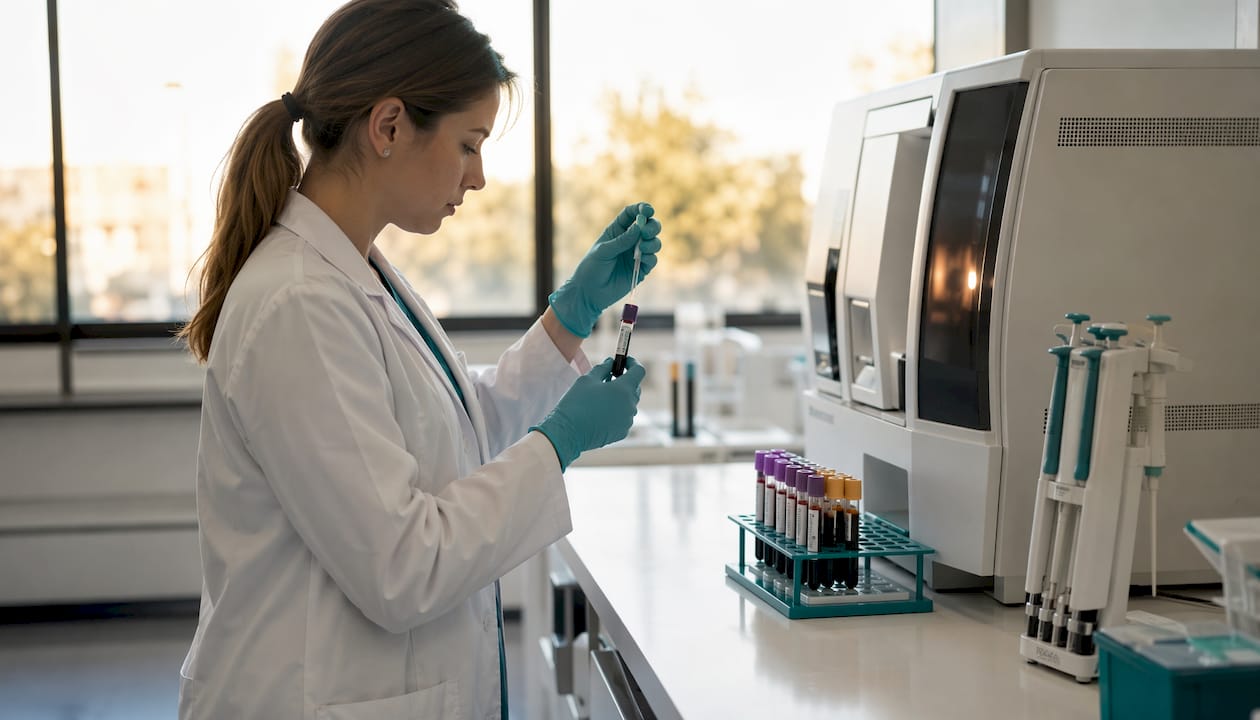 Technician preparing blood test sample