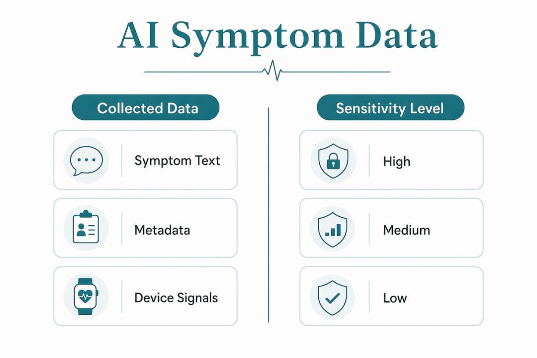 Infographic contrasting AI symptom data types and their sensitivity levels