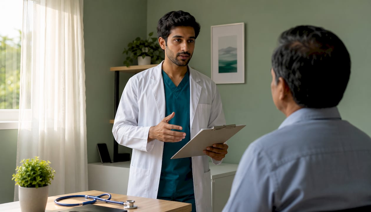 Clinician writing notes in consultation room