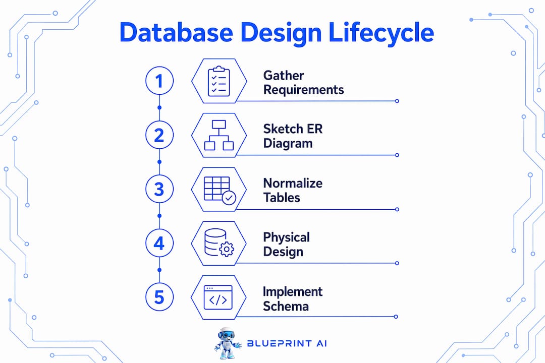 Infographic detailing database design lifecycle steps