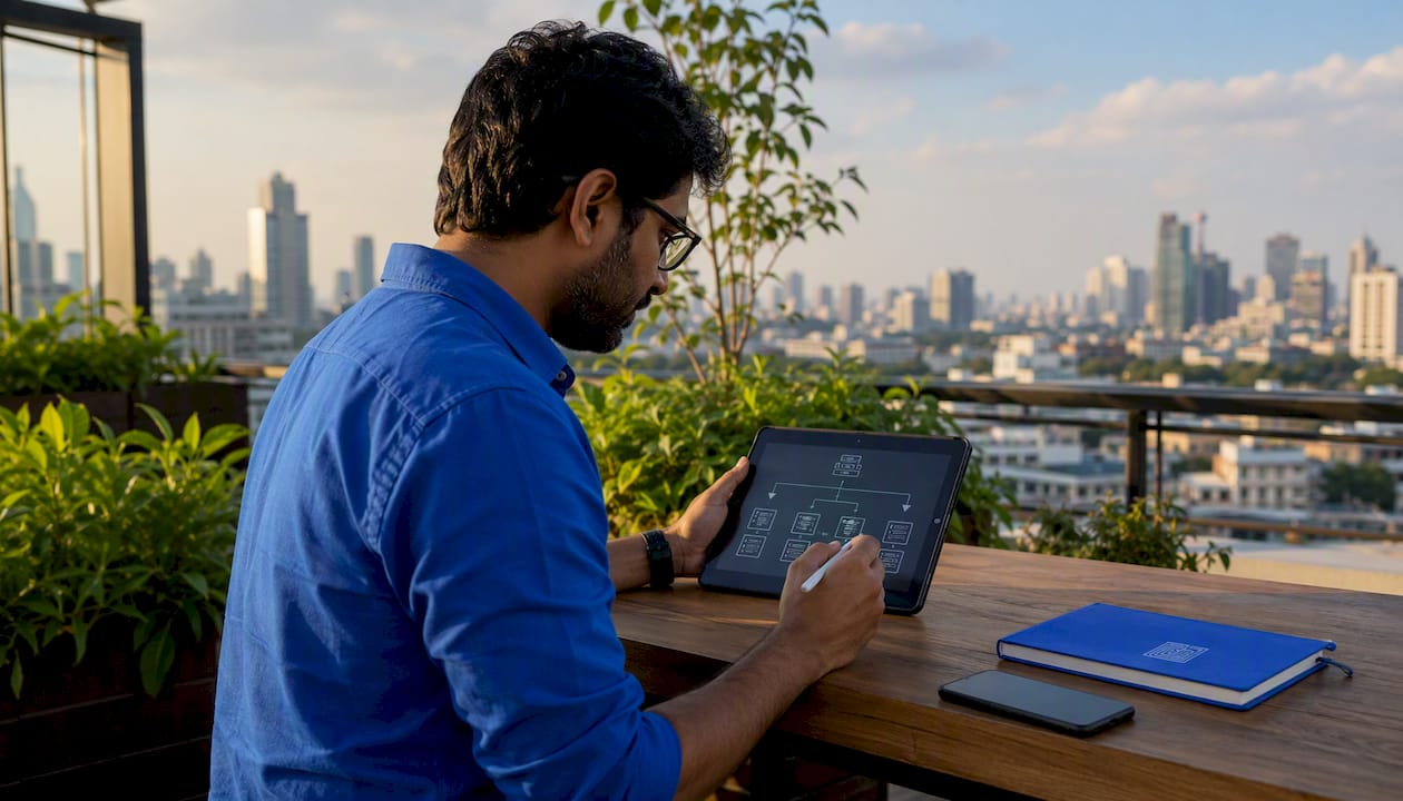 Engineer reviewing horizontal scaling diagram