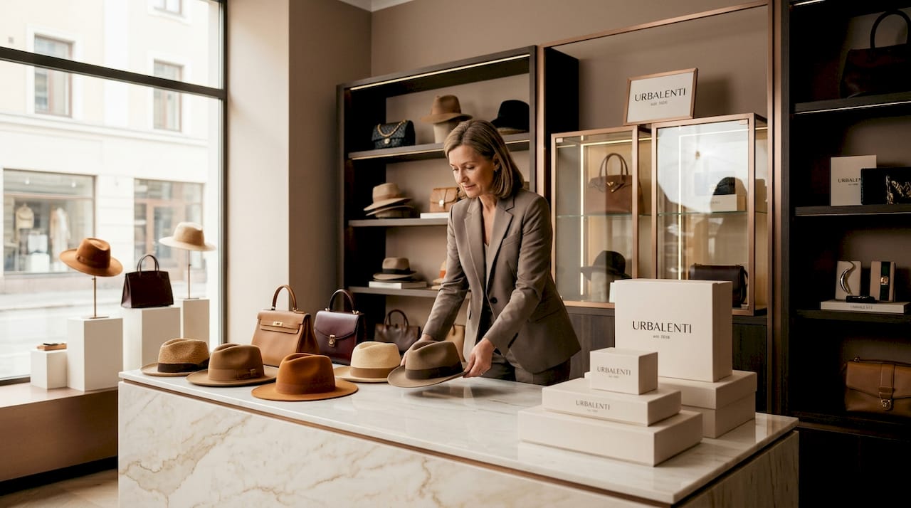 Luxury boutique showcasing heritage fashion products