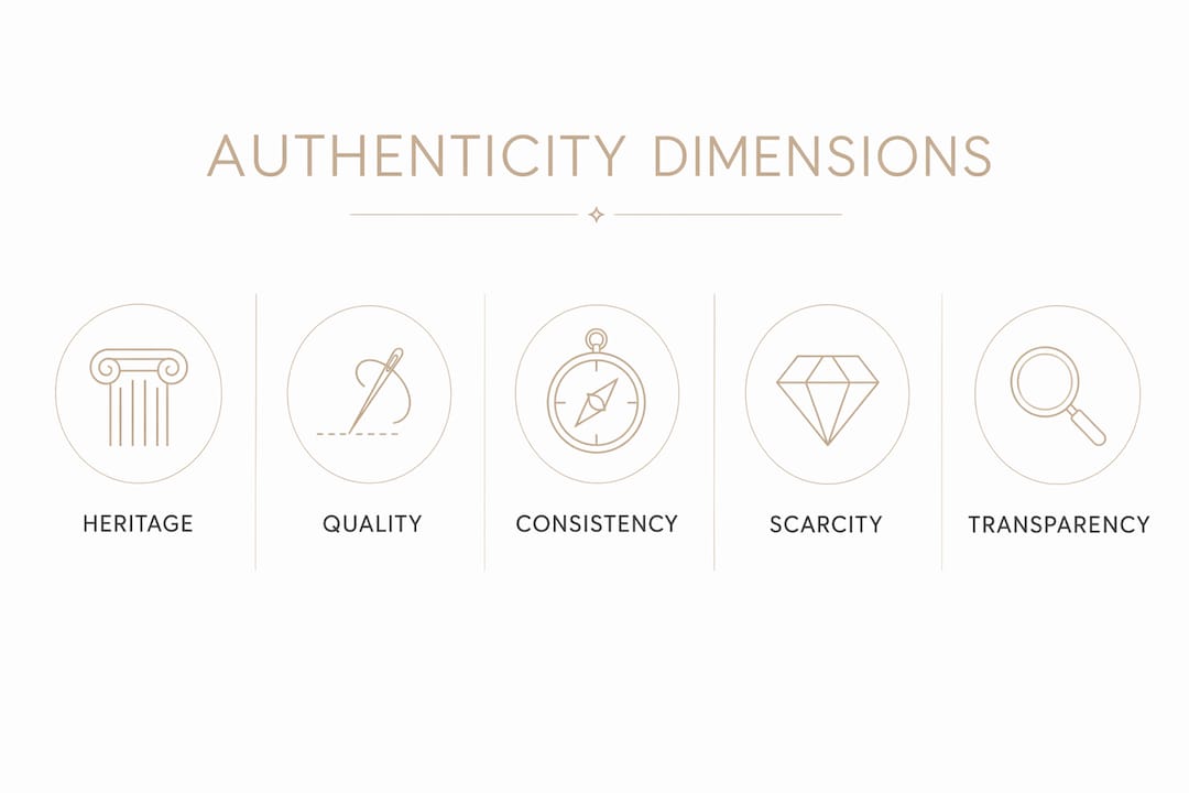 Infographic showing core dimensions defining luxury brand authenticity