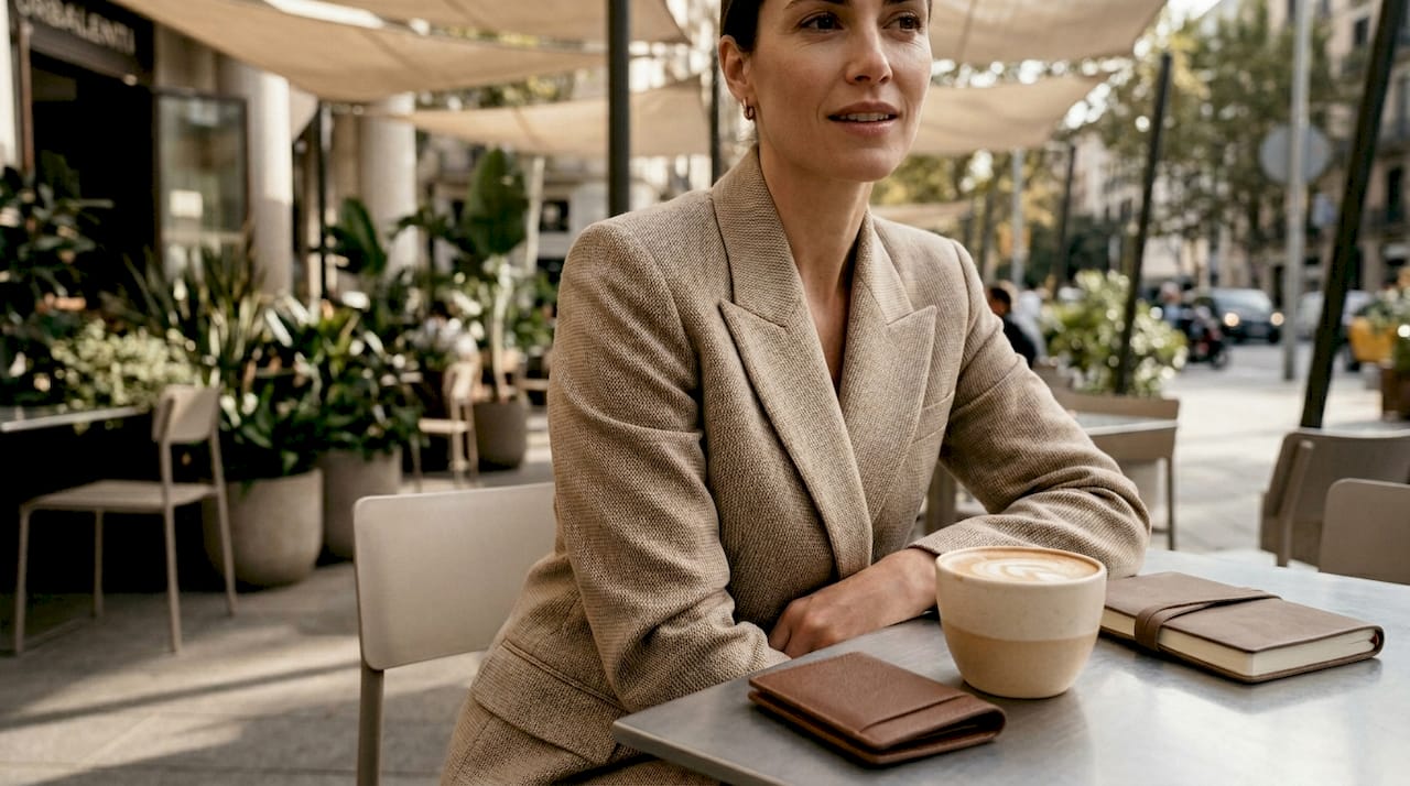Close-up of tailored blazer and accessories in café