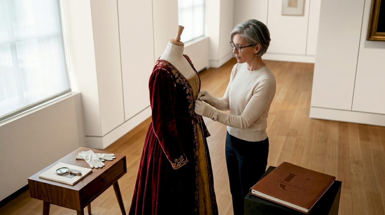 Fashion curator adjusting historic gown in museum