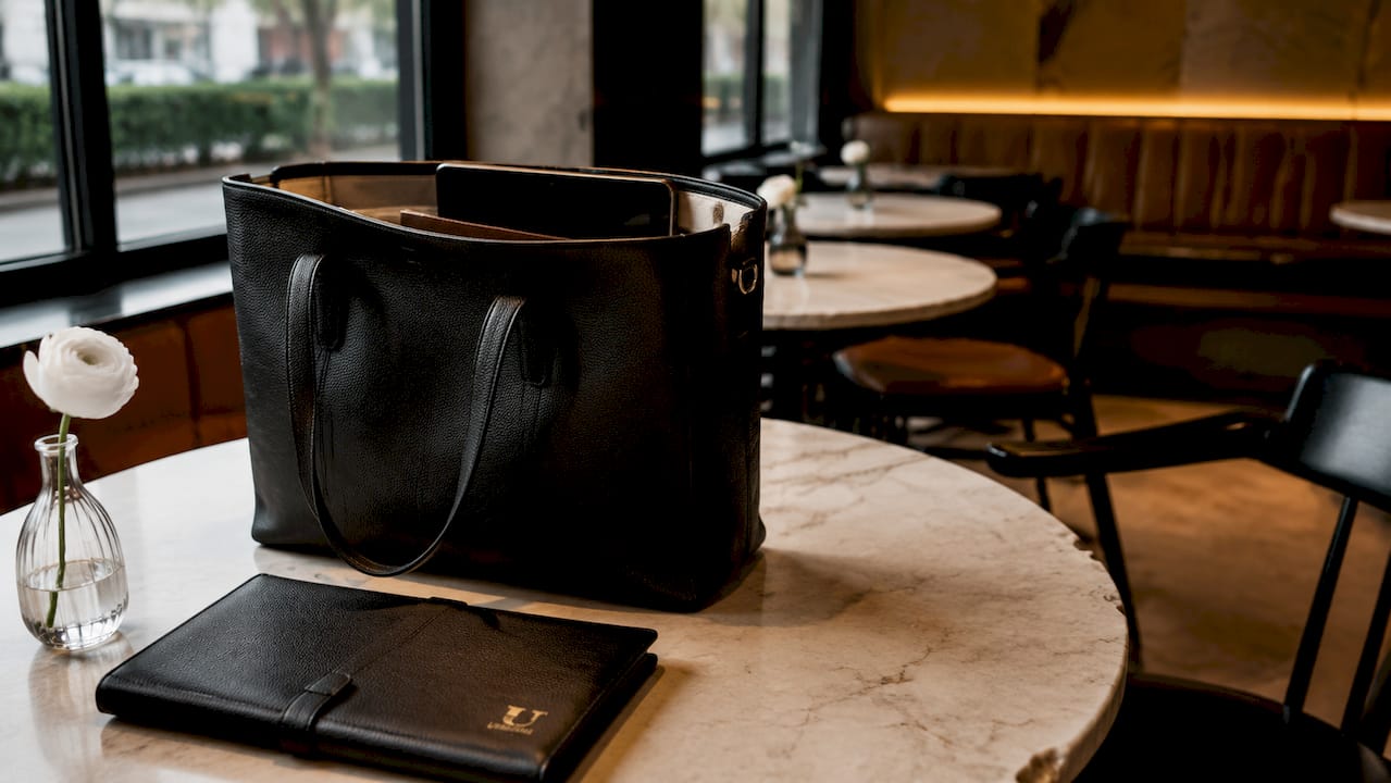 Overhead view of structured designer tote and suede briefcase