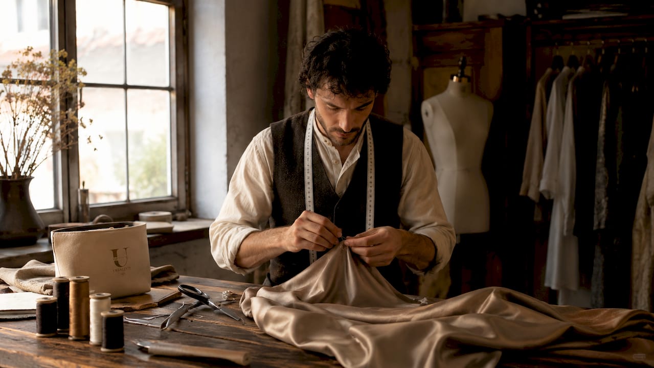 Hands sewing silk fabric showing craftsmanship details