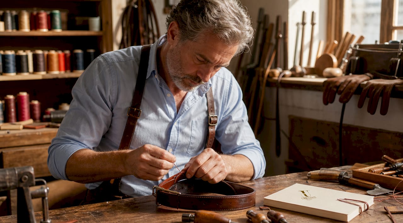 Tailor hand-stitching leather belt in workshop