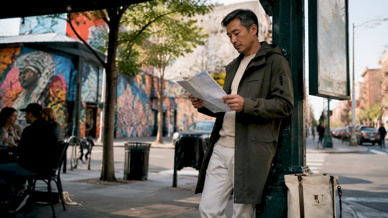 Man in technical outerwear reading subway map