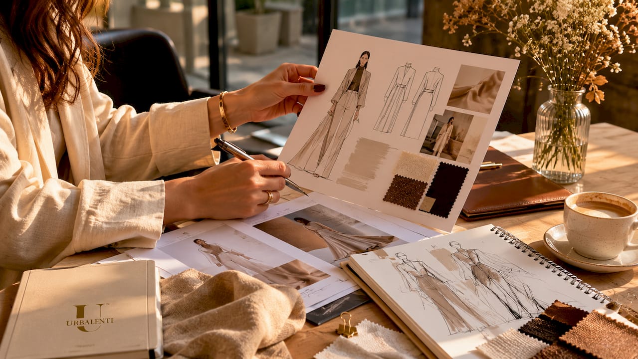 Hands arranging luxury fashion portfolio pages