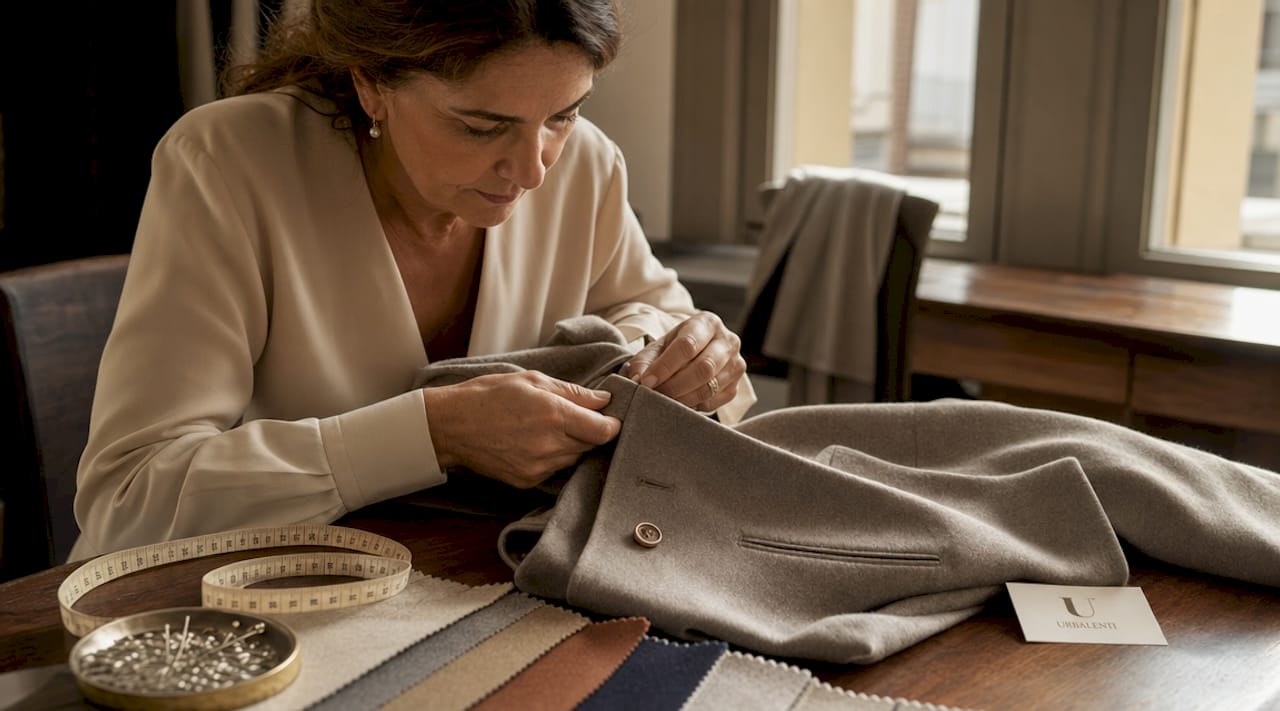 Inspector checking Italian blazer quality