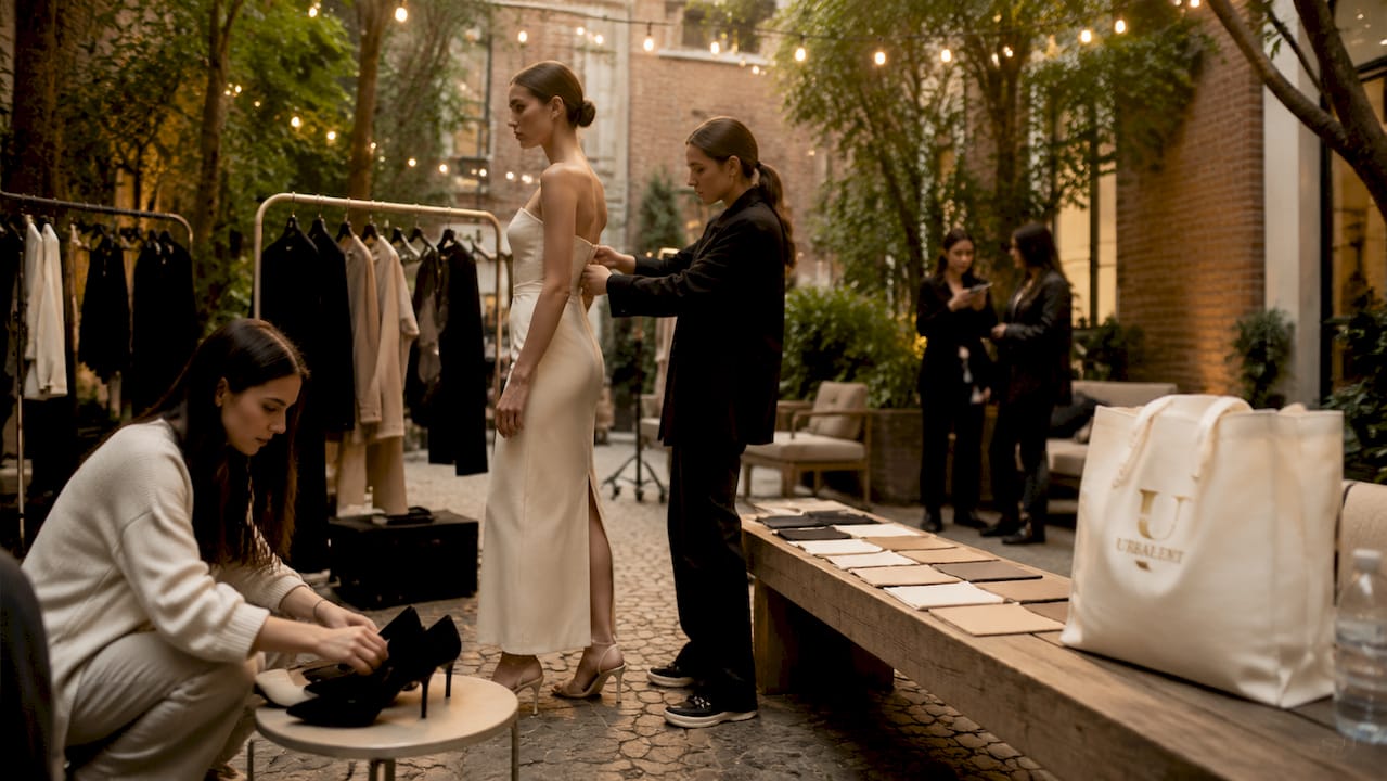 Backstage Milan fashion show preparations, models and assistants