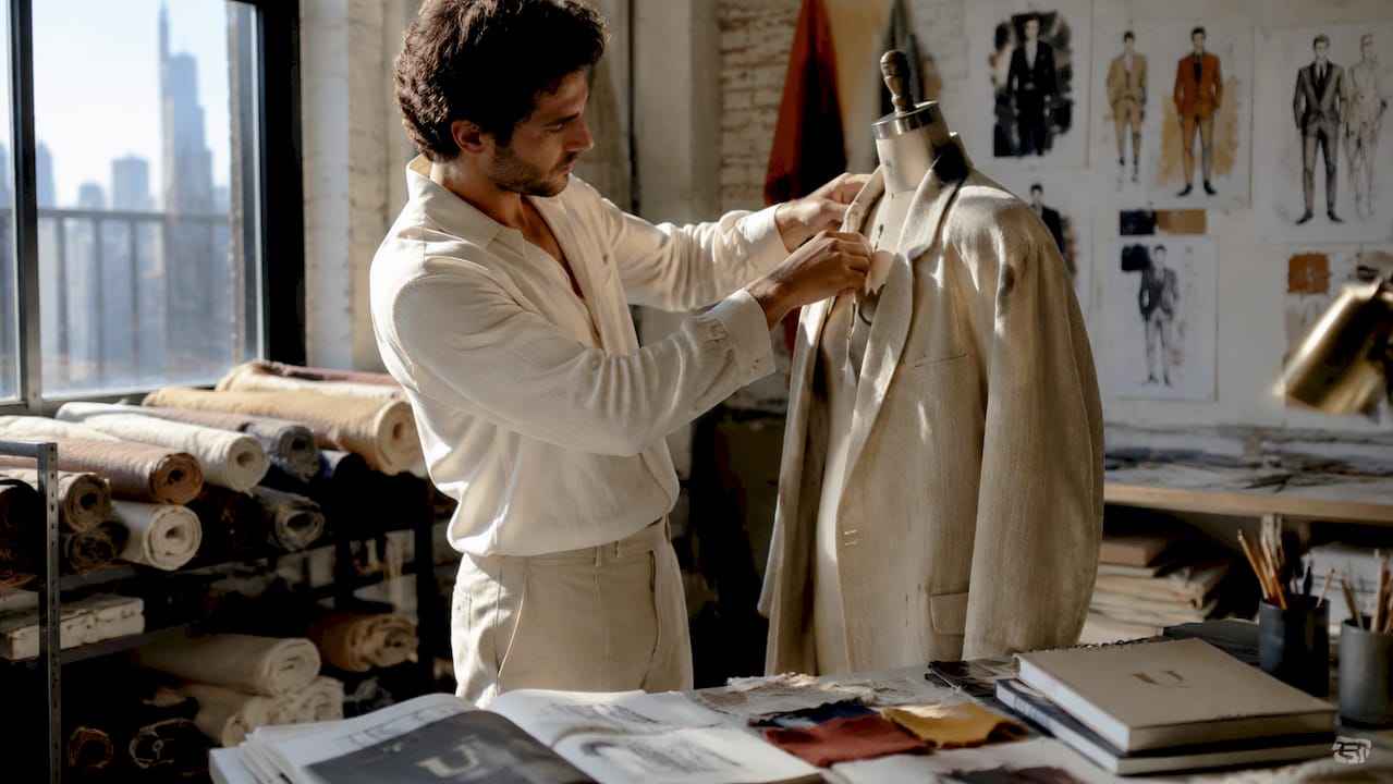 Fashion designer adjusting oversized jacket sleeve