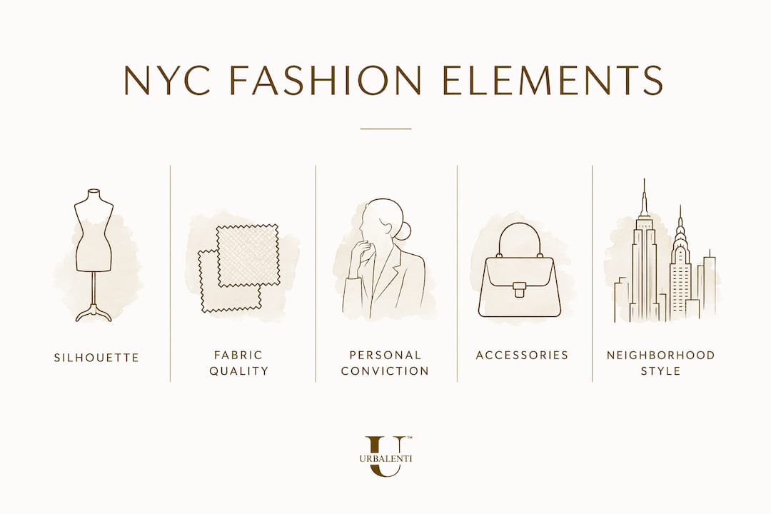 Infographic illustrating key elements of NYC fashion style