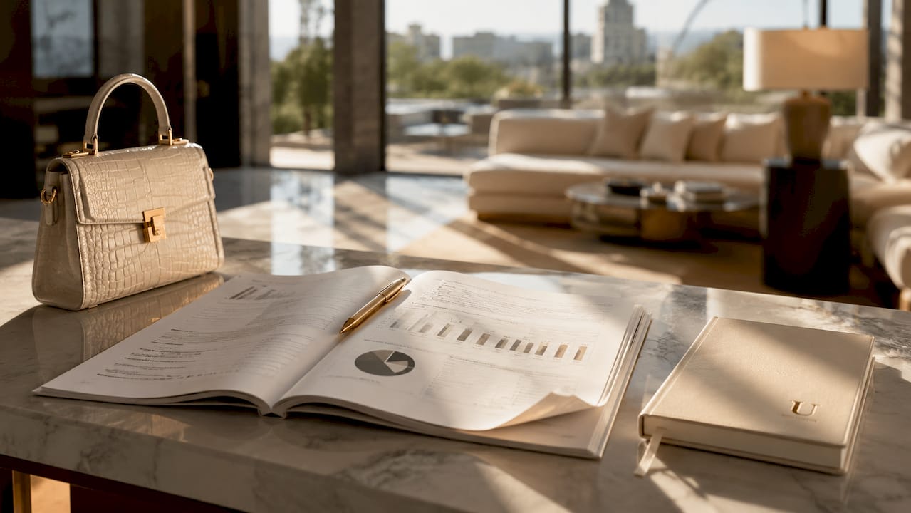 Desktop with luxury fashion investment documents