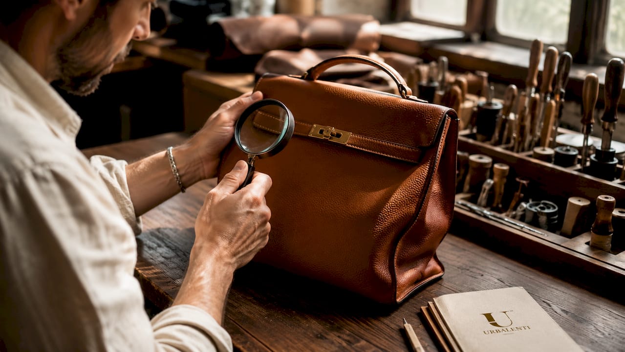 Close-up artisan inspecting luxury leather handbag stitching