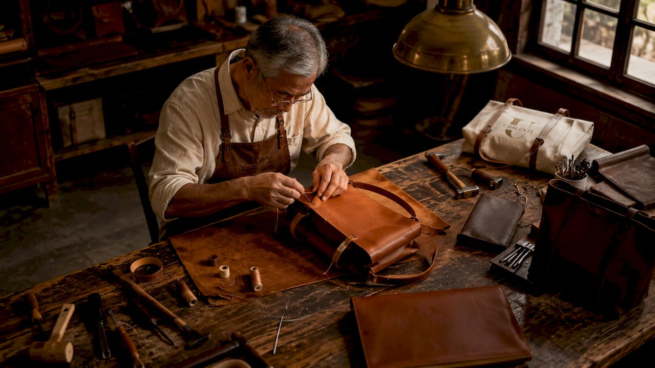 Artisan hand-stitching luxury leather handbag