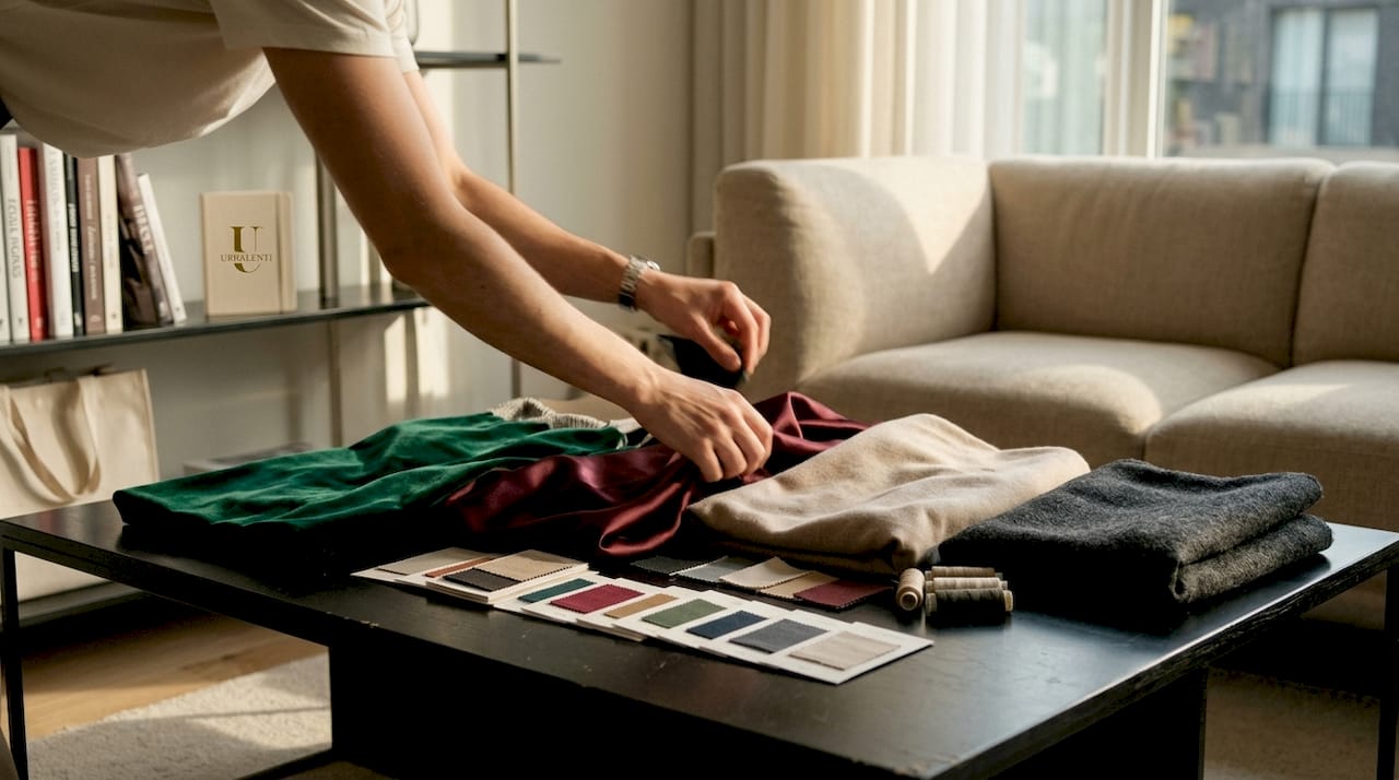 Hands comparing color swatches with luxury fabrics