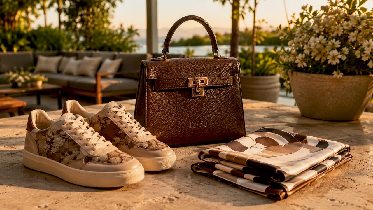 Flat lay of limited edition luxury fashion items