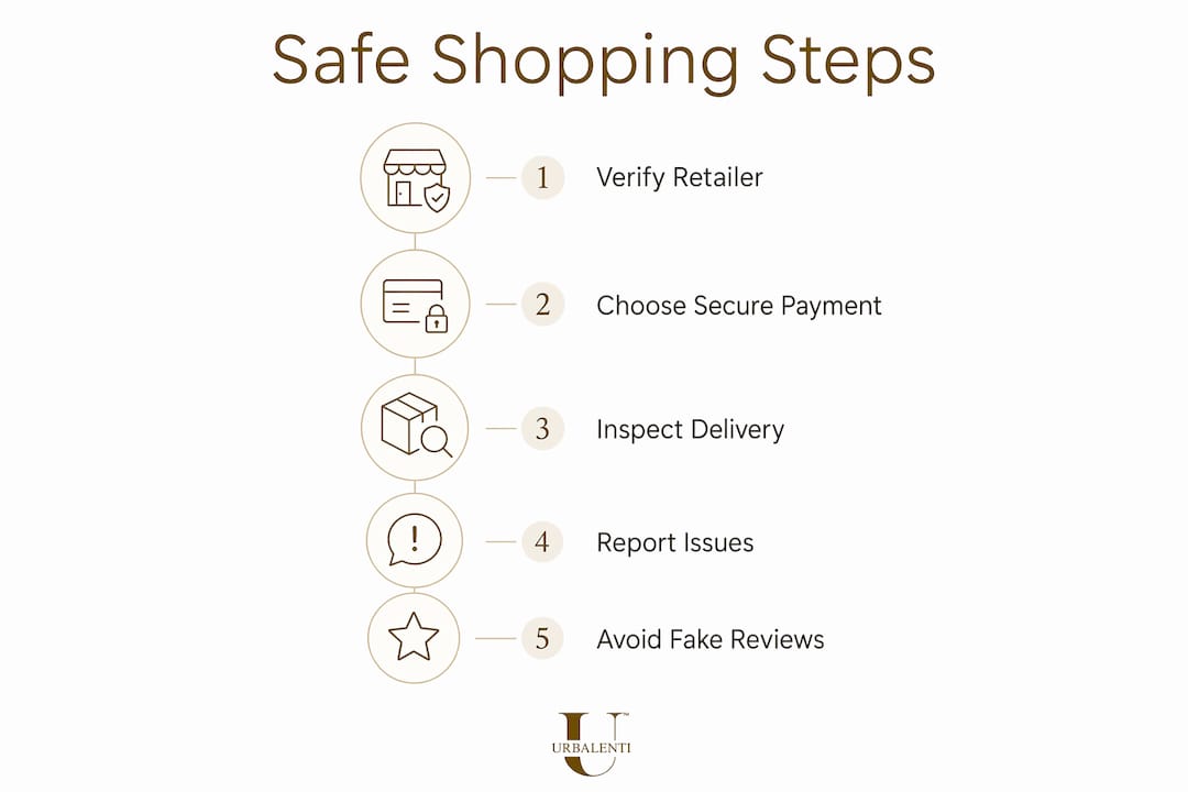 Infographic showing steps to shop designer fashion safely