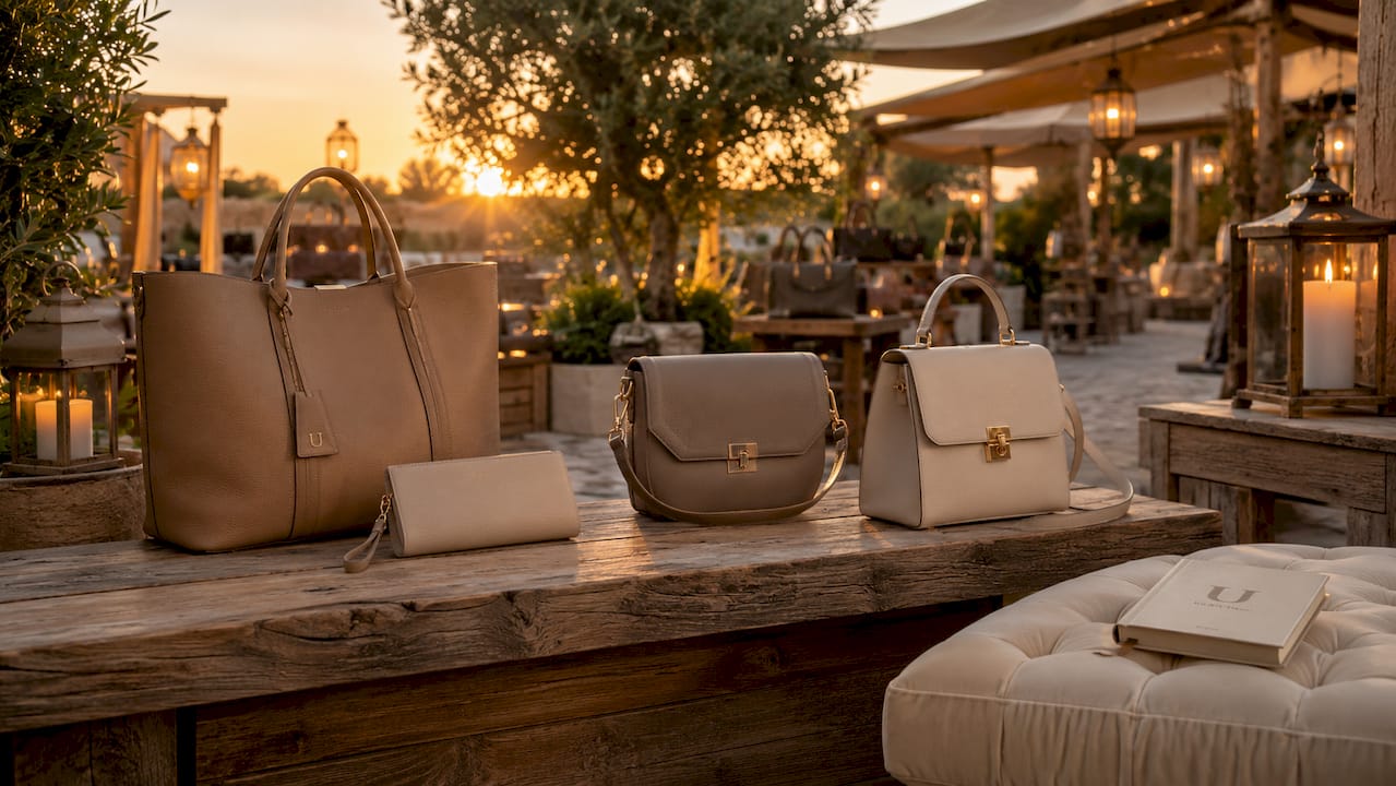 Close-up of assorted luxury handbag types on display table