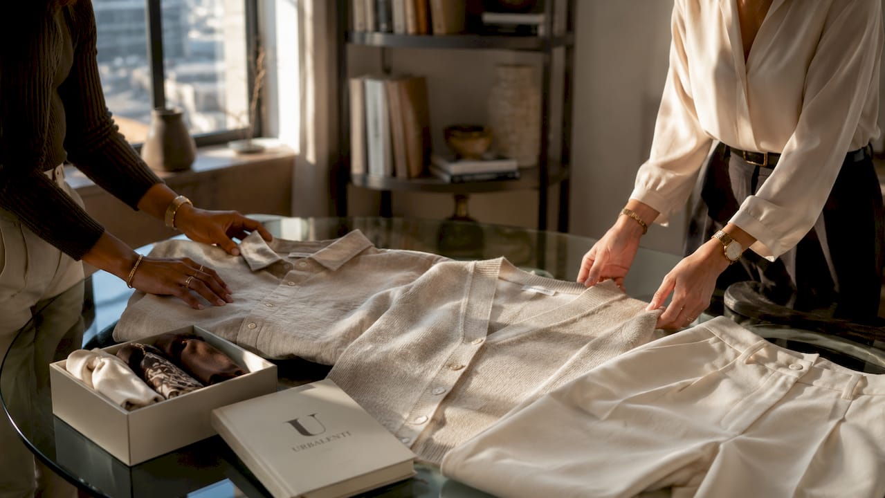 Hands sorting luxury clothes on table