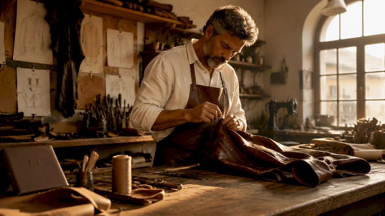 Artisan hand-stitching leather garment