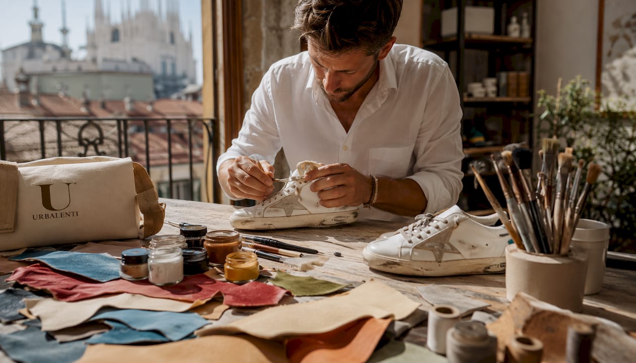 Artisan hands distressing Golden Goose sneakers
