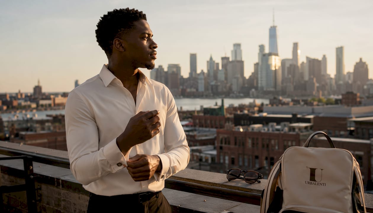 Man wearing designer shirt styling outdoors