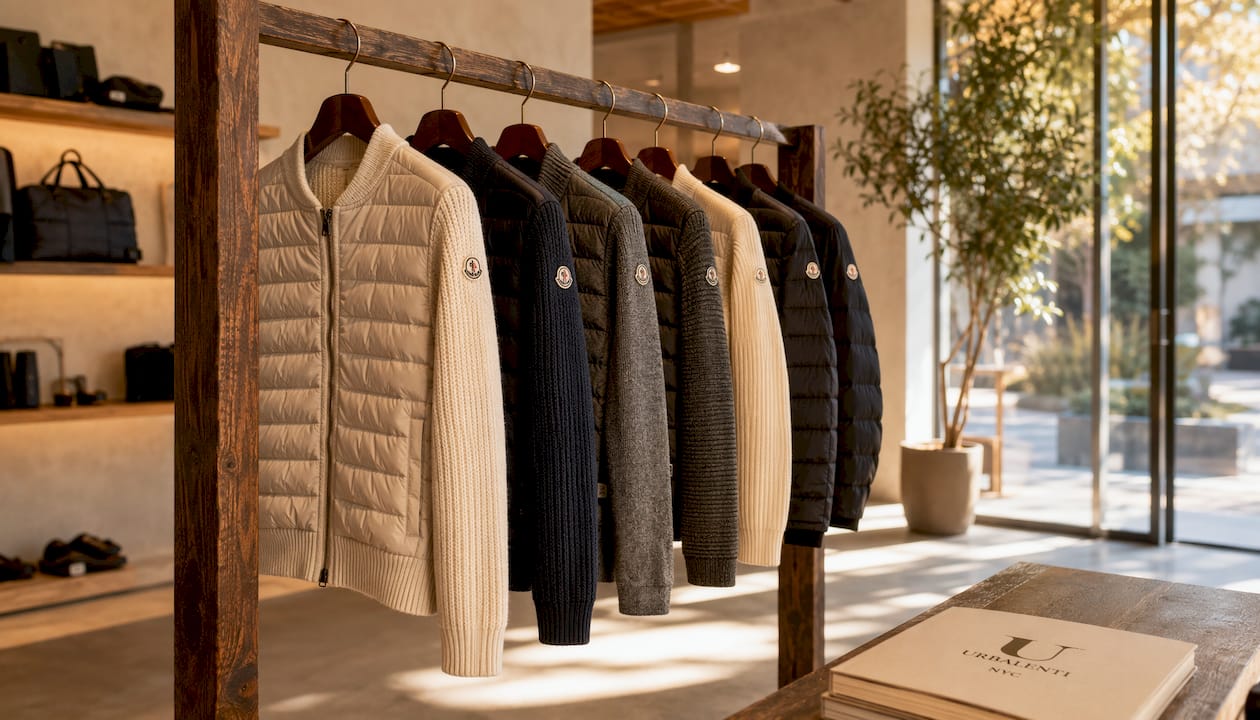 Close-up of men's Moncler padded cardigans on rack