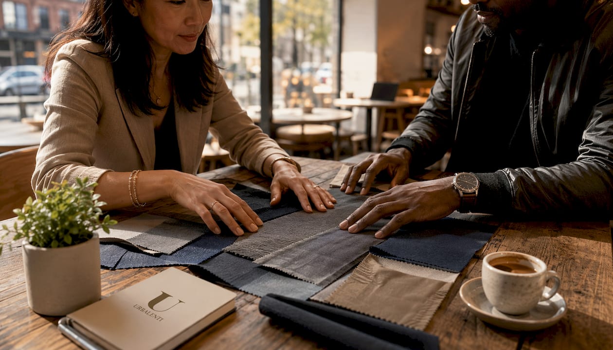Hands arranging designer trouser fabric samples