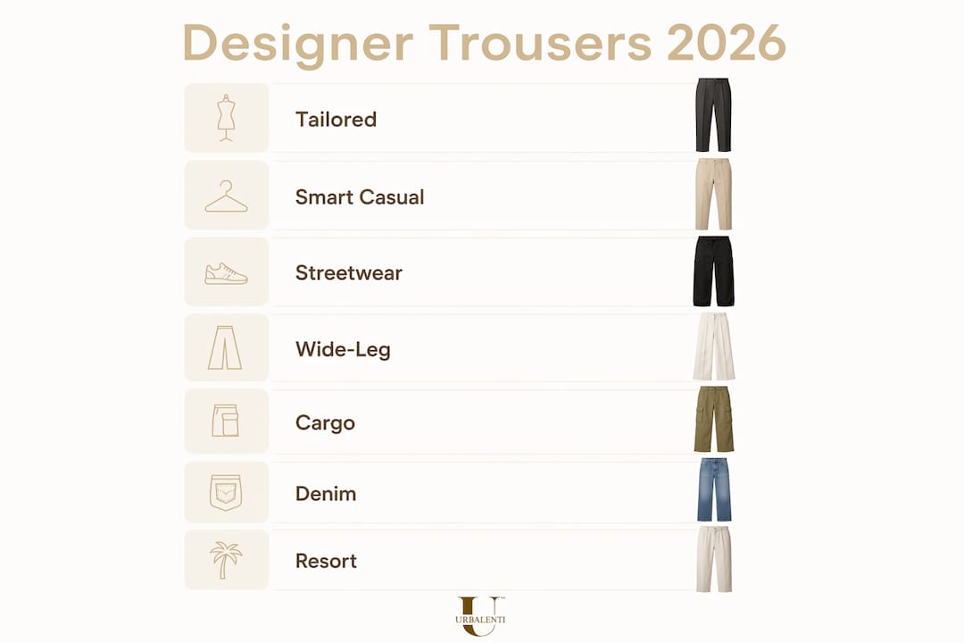 Infographic showing 2026 designer trousers categories