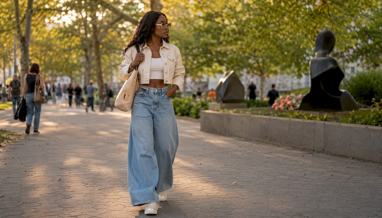 Street style wide-leg designer jeans look