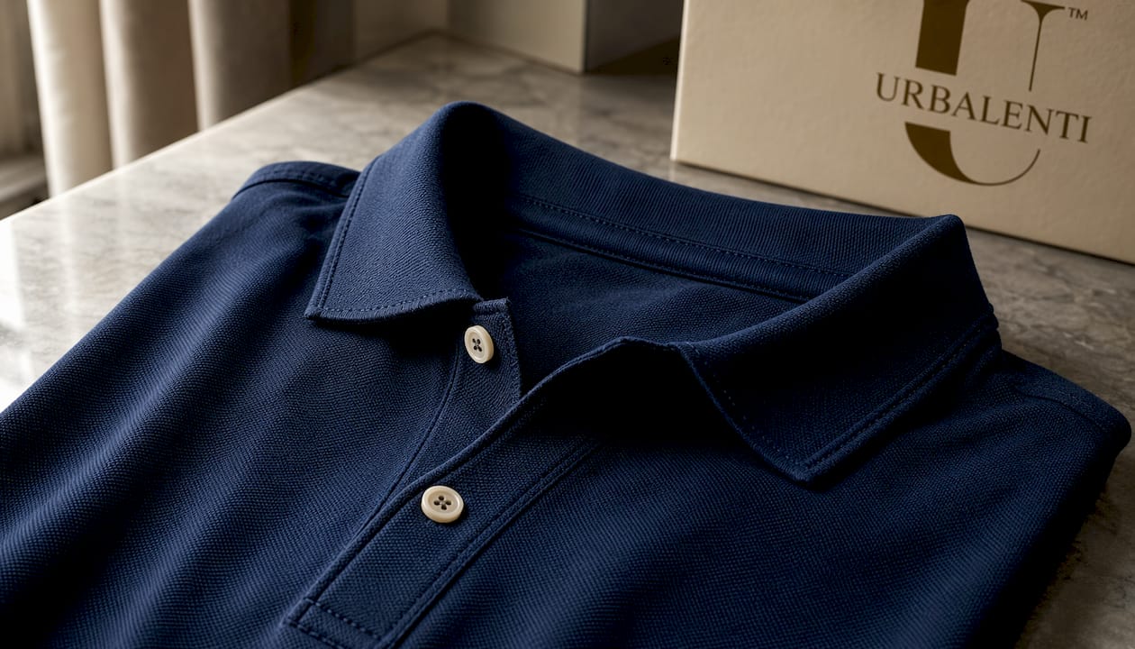 Close-up of luxury polo shirt stitching quality