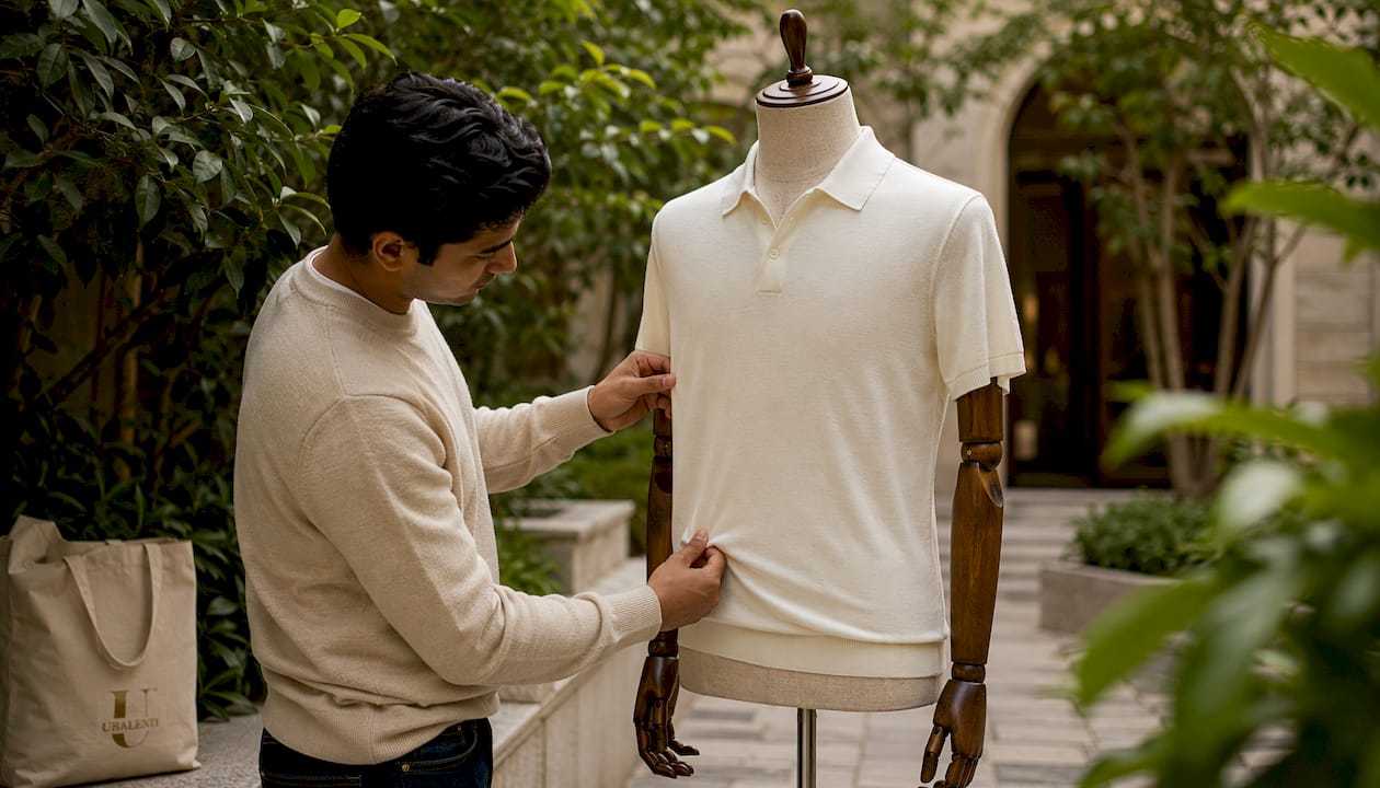 Retail fitter adjusting luxury polo on mannequin