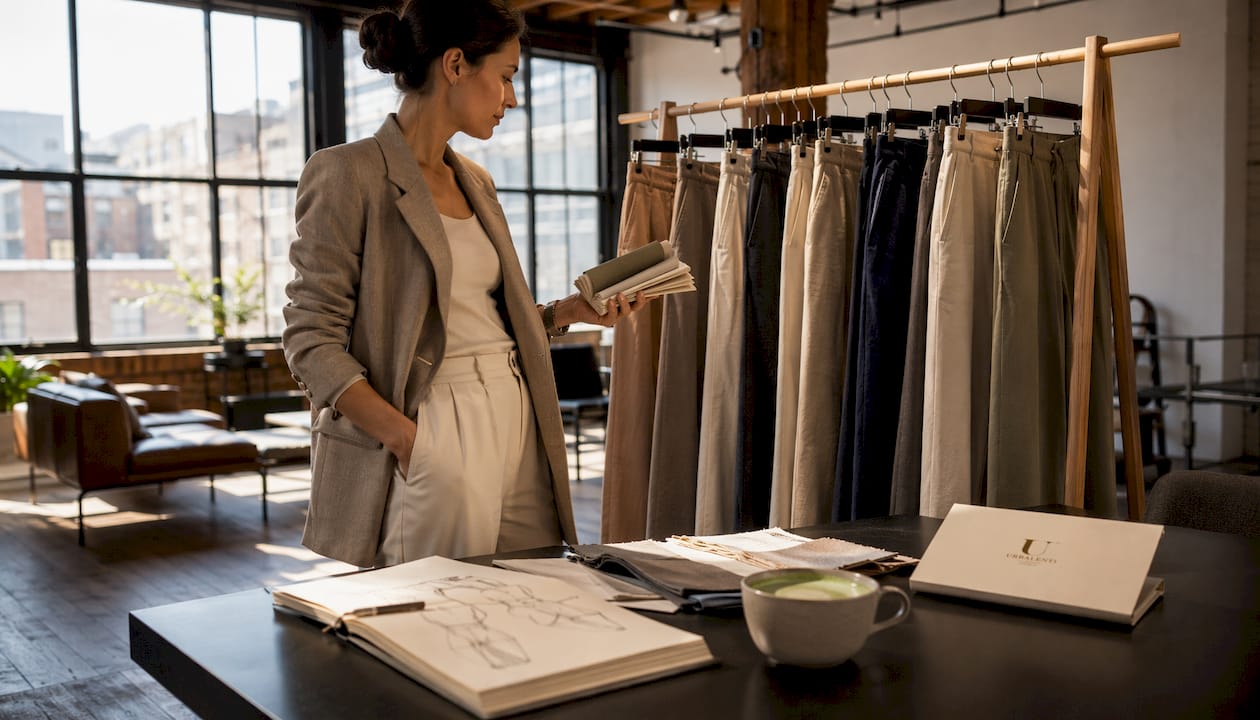 Buyer inspecting designer trousers in Milan studio